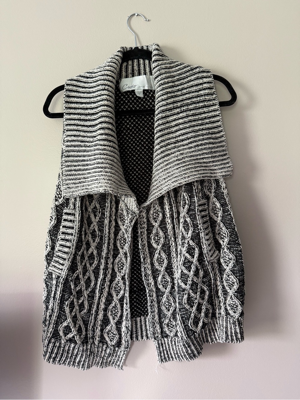 Curio Black & White Cable Knit Shawl Collar Sweater Vest